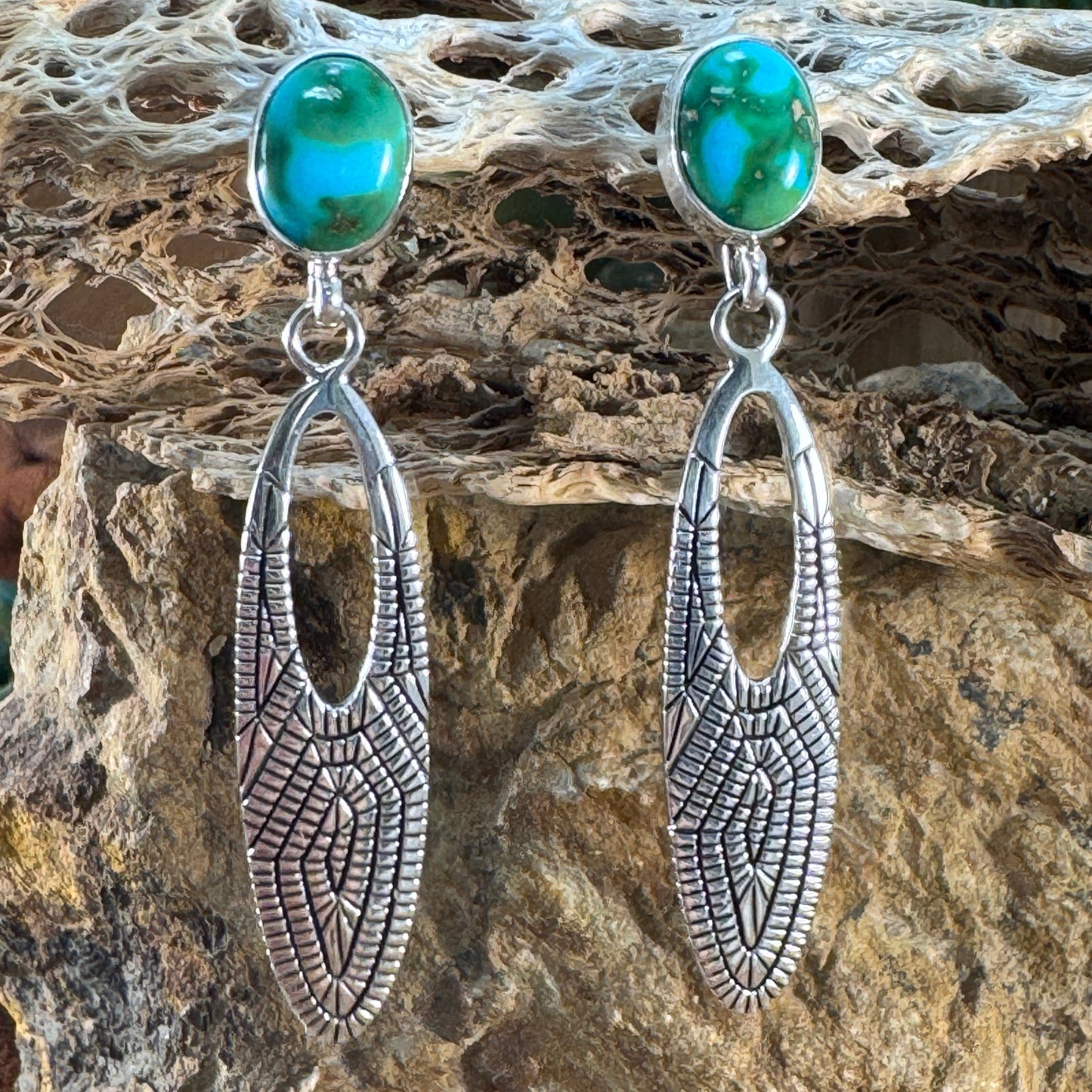 Sonoran Gold & Sterling Silver Dangle Earrings with Stamped Overlay by Elgin Tom