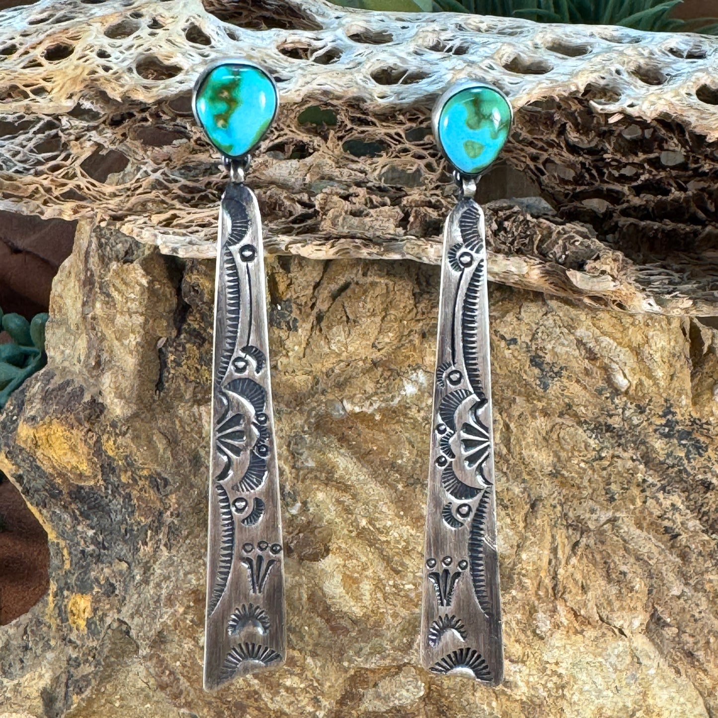 Sterling Silver Elongated Drop Earrings with Sonoran Gold Turquoise by Bernyse Chavez