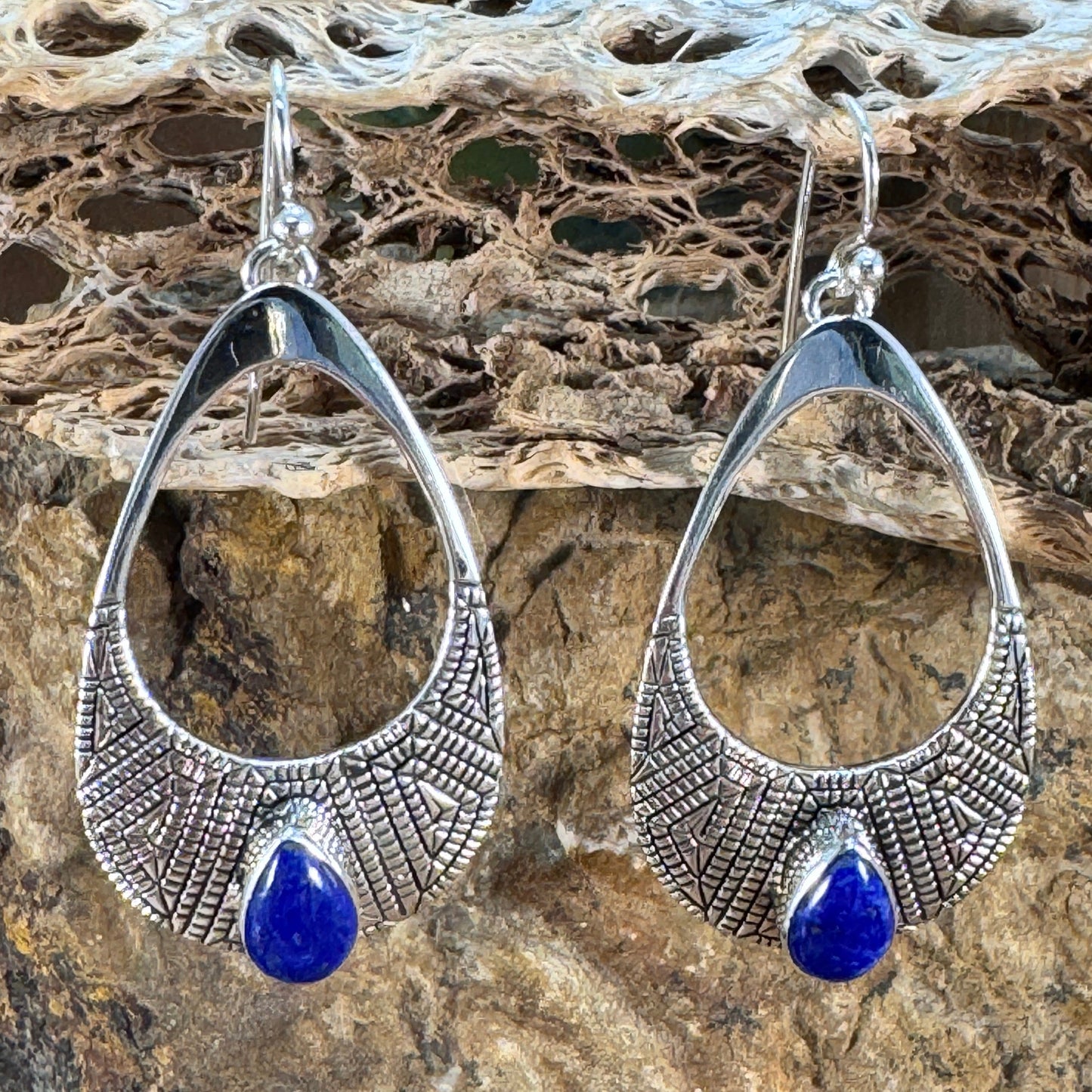 Lapis Lazuli & Sterling Silver Teardrop Overlay Dangle Earrings by Elgin Tom