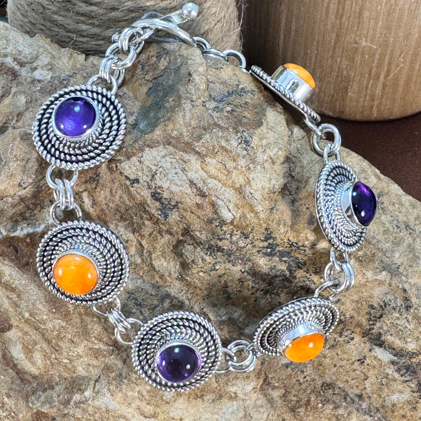 Sterling Silver Orange Spiny Oyster Shell & Purple Amethyst Link Bracelet by Artie Yellowhorse