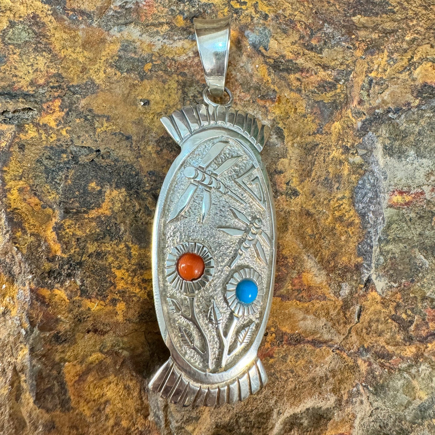 Sterling Silver Pendant w/ Turquoise & Red Coral by Philbert Begay