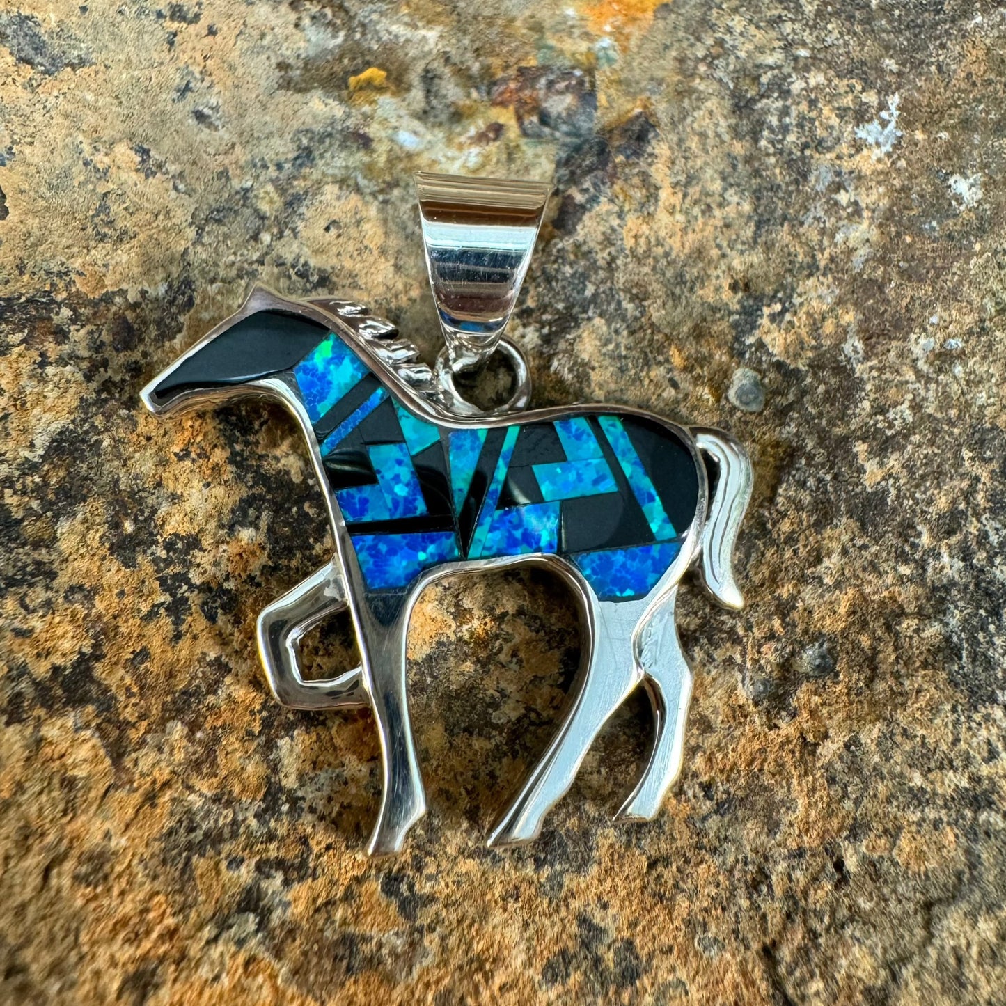 David Rosales Black Beauty Fancy Inlaid Sterling Silver Pendant Horse