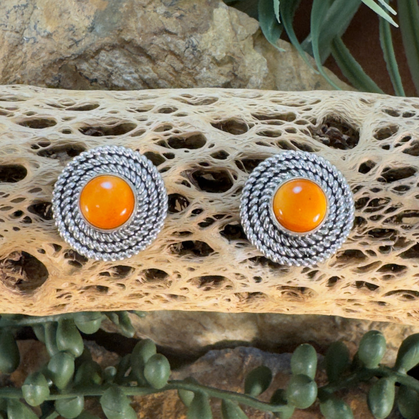 Orange Spiny Oyster Shell & Sterling Silver Earrings by Artie Yellowhorse