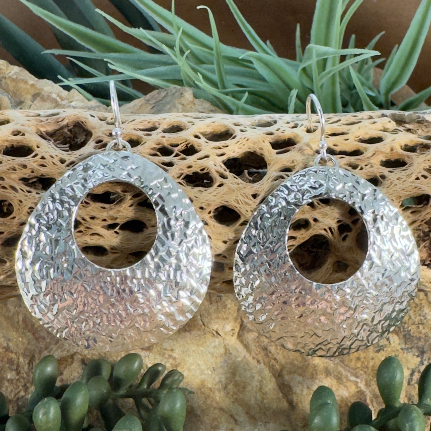 Sterling Silver Abstract Teardrop Hammered Earrings by Artie Yellowhorse