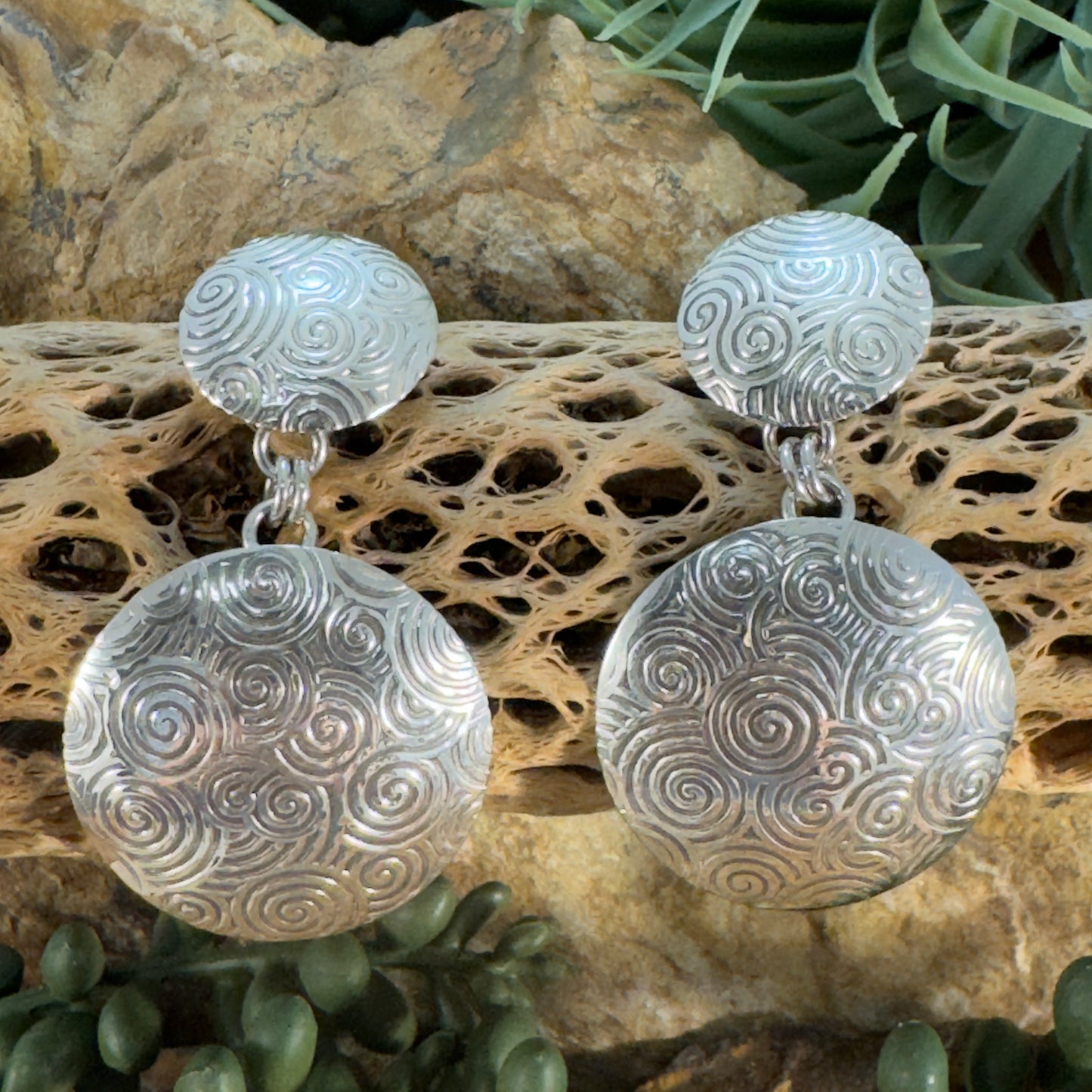 Traditional Sterling Silver Spiral Double Disc Earrings by Artie Yellowhorse