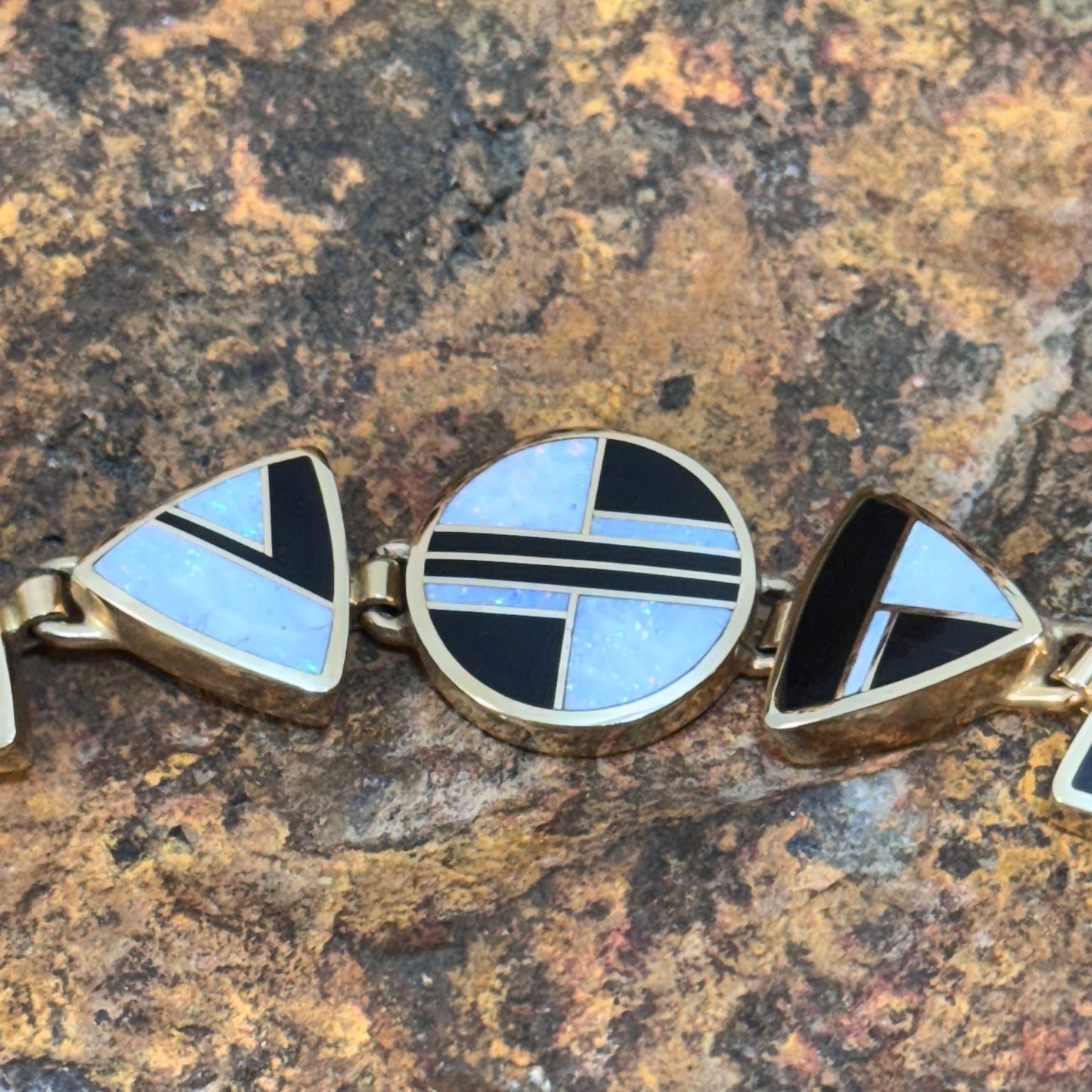 Vintage - Ray Tracey Knifewing 14k Gold Bracelet – Opal & Black Jade Inlay - Estate