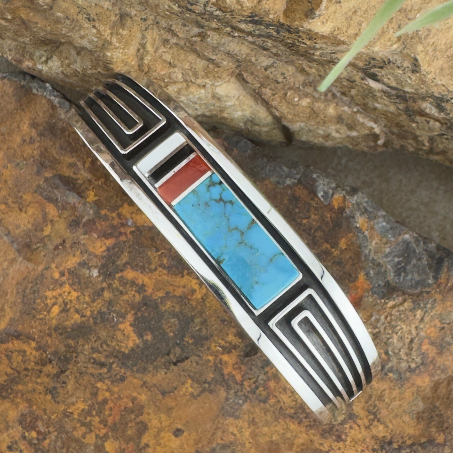 Water Web Kingman Turquoise, Coral, and Silver Inlay Cuff by Albert Nells