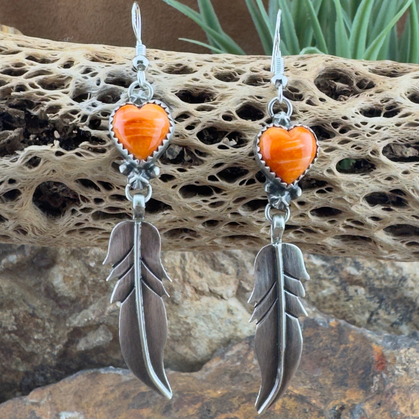 Spiny Oyster Heart & Feather Earrings by Mary Tso