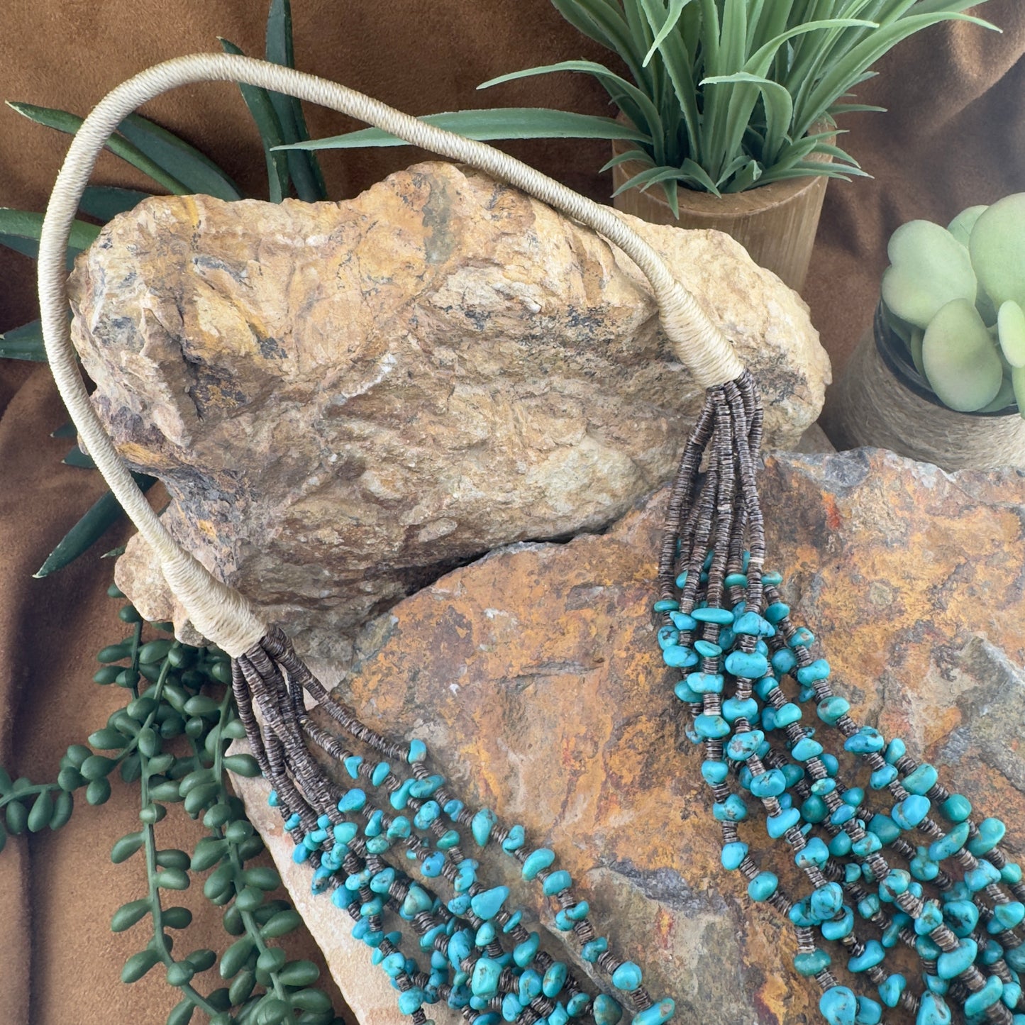 Multi-Strand Turquoise Necklace with Touch of Spiny Oyster By Daniel Coriz, Santo Domingo Pueblo