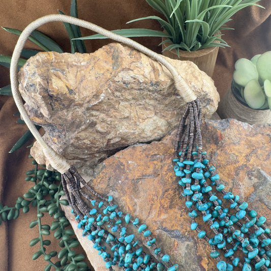 Multi-Strand Turquoise Necklace with Touch of Spiny Oyster By Daniel Coriz, Santo Domingo Pueblo