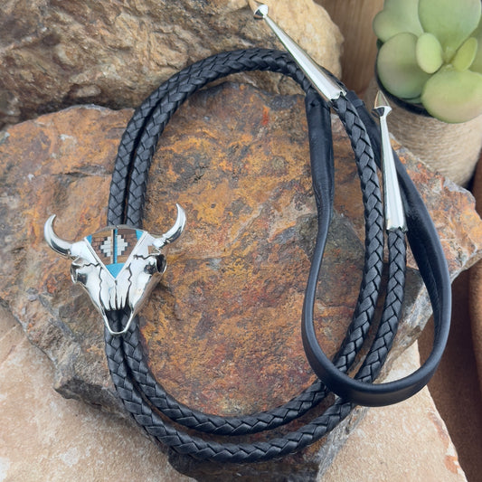 David Rosales Ironwood Inlaid Sterling Silver Buffalo Skull Bolo Tie