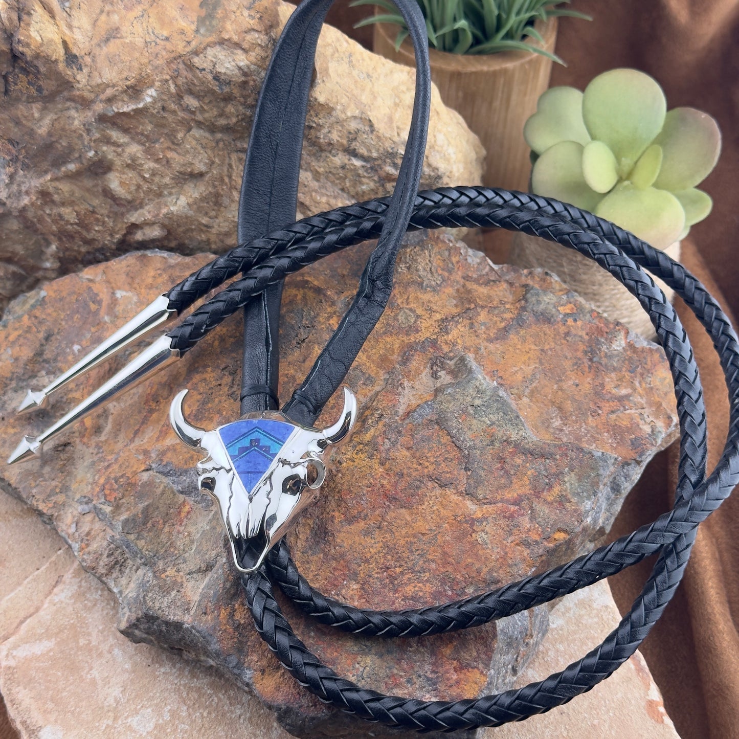 David Rosales Blue Sky Fancy Inlaid Sterling Silver Buffalo Skull Bolo Tie