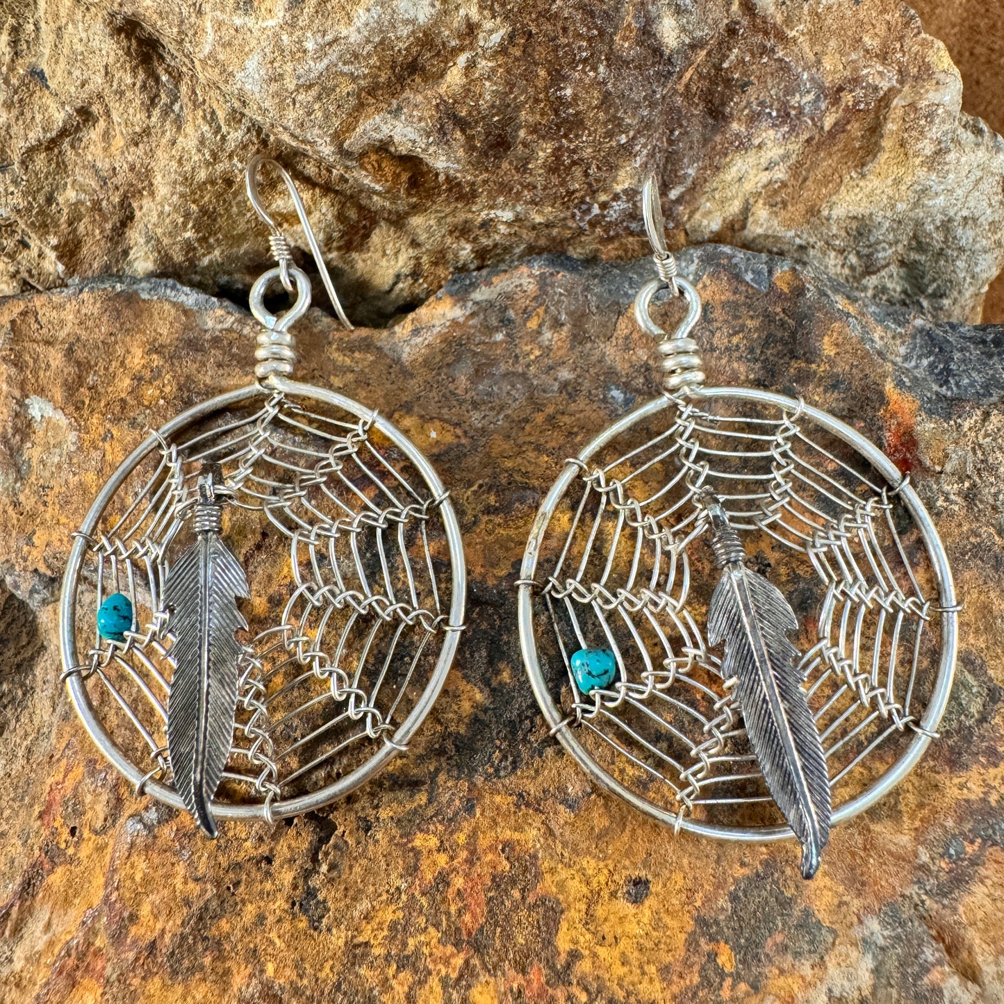 Vintage Sterling Silver Dreamcatcher Earrings with Turquoise and Feather - Estate