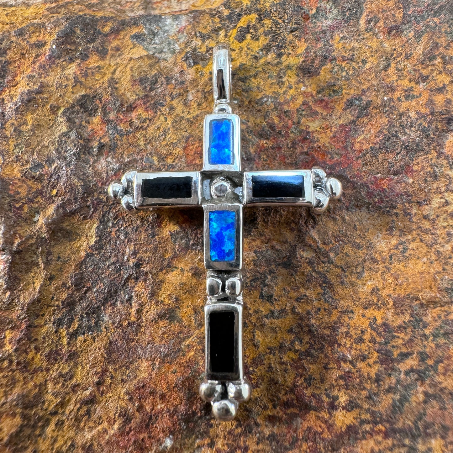 David Rosales Black Beauty Inlaid Sterling Silver Pendant Cross