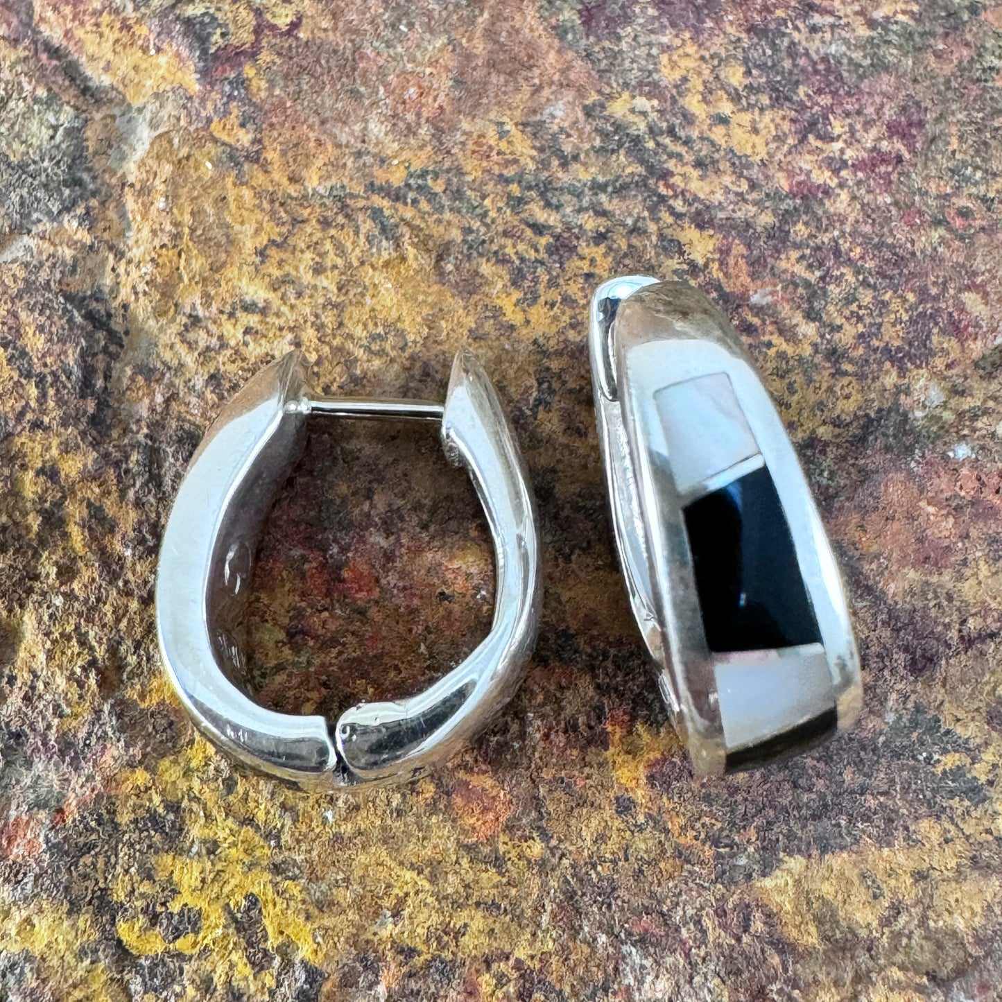 David Rosales Tuxedo Inlaid Sterling Silver Earrings Huggie