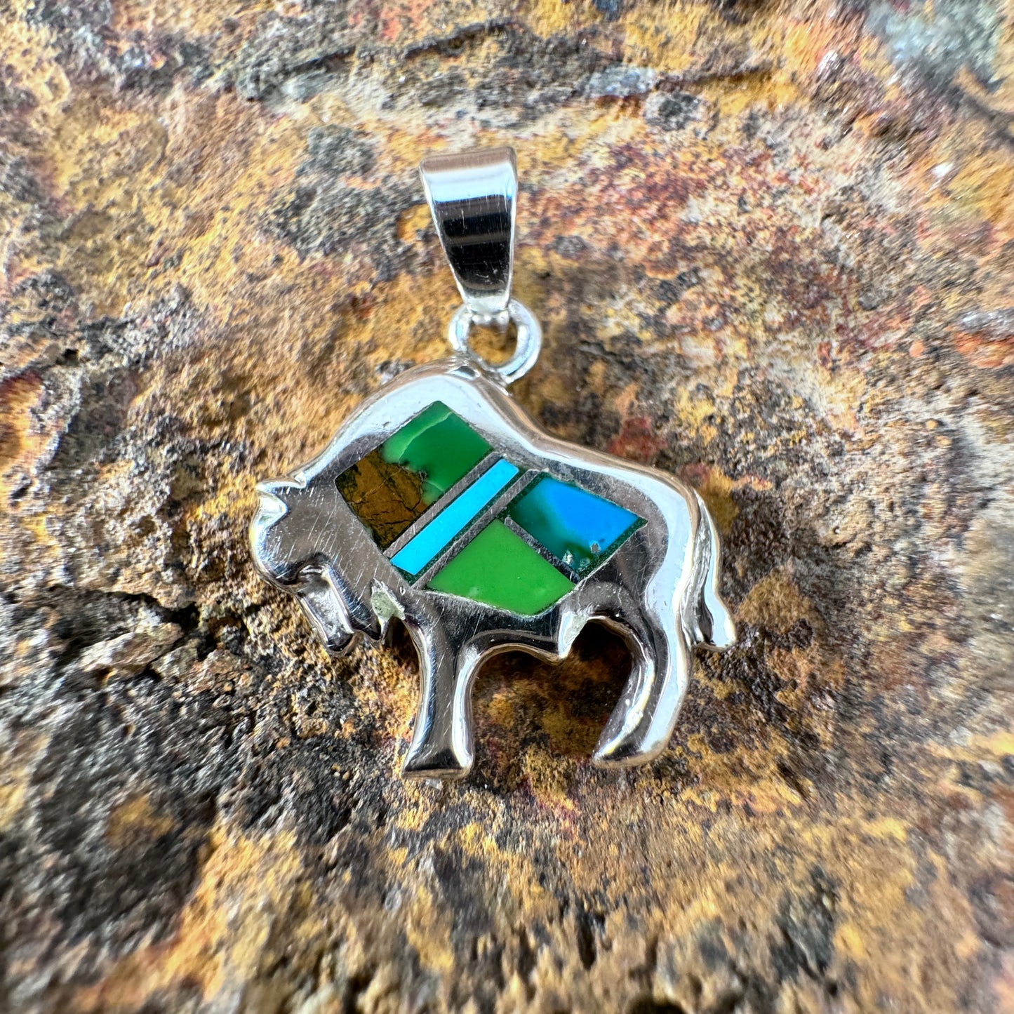 David Rosales Sonoran Gold Inlaid Sterling Silver Pendant Buffalo