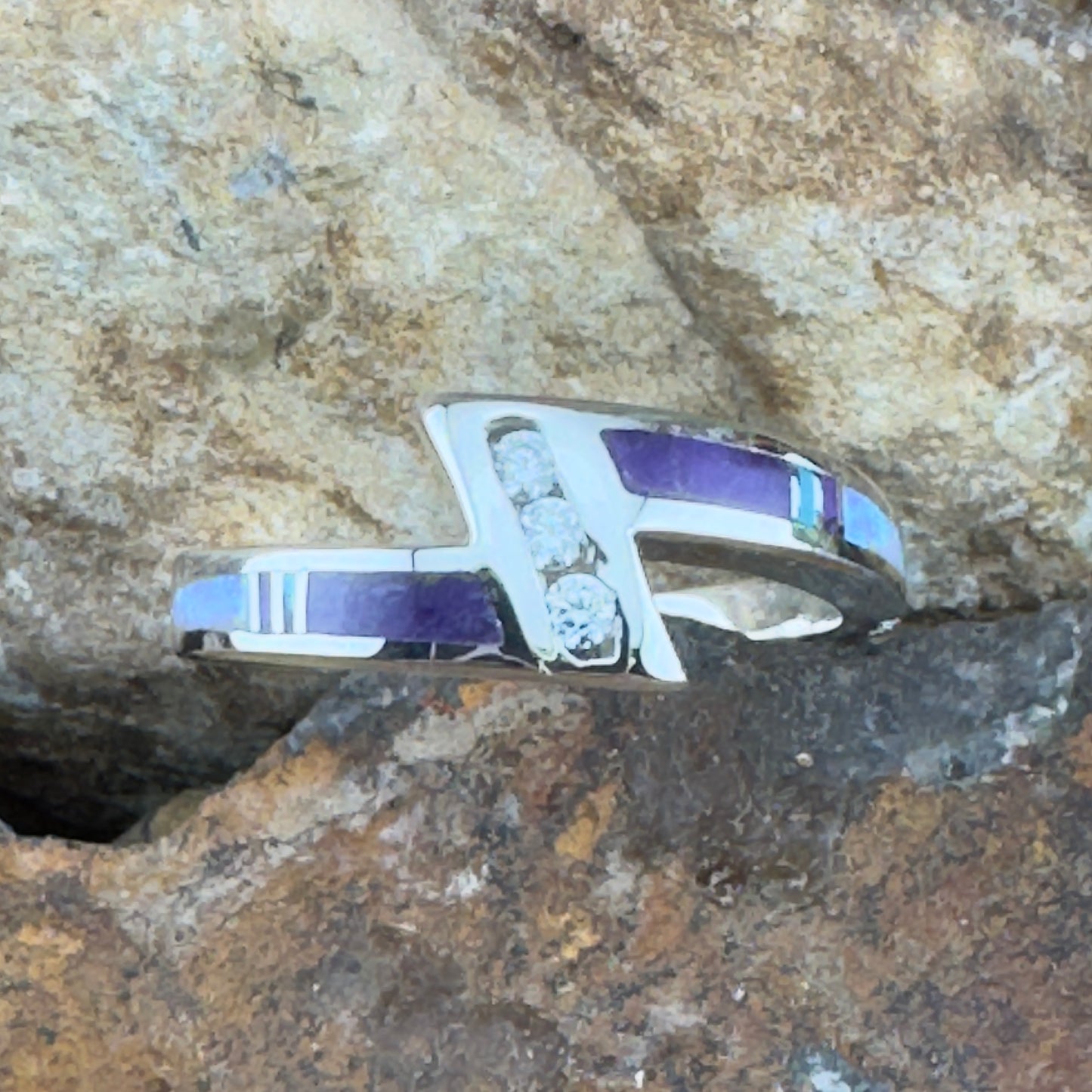 David Rosales Shalako Inlaid Sterling Silver Ring w/ Cubic Zirconia