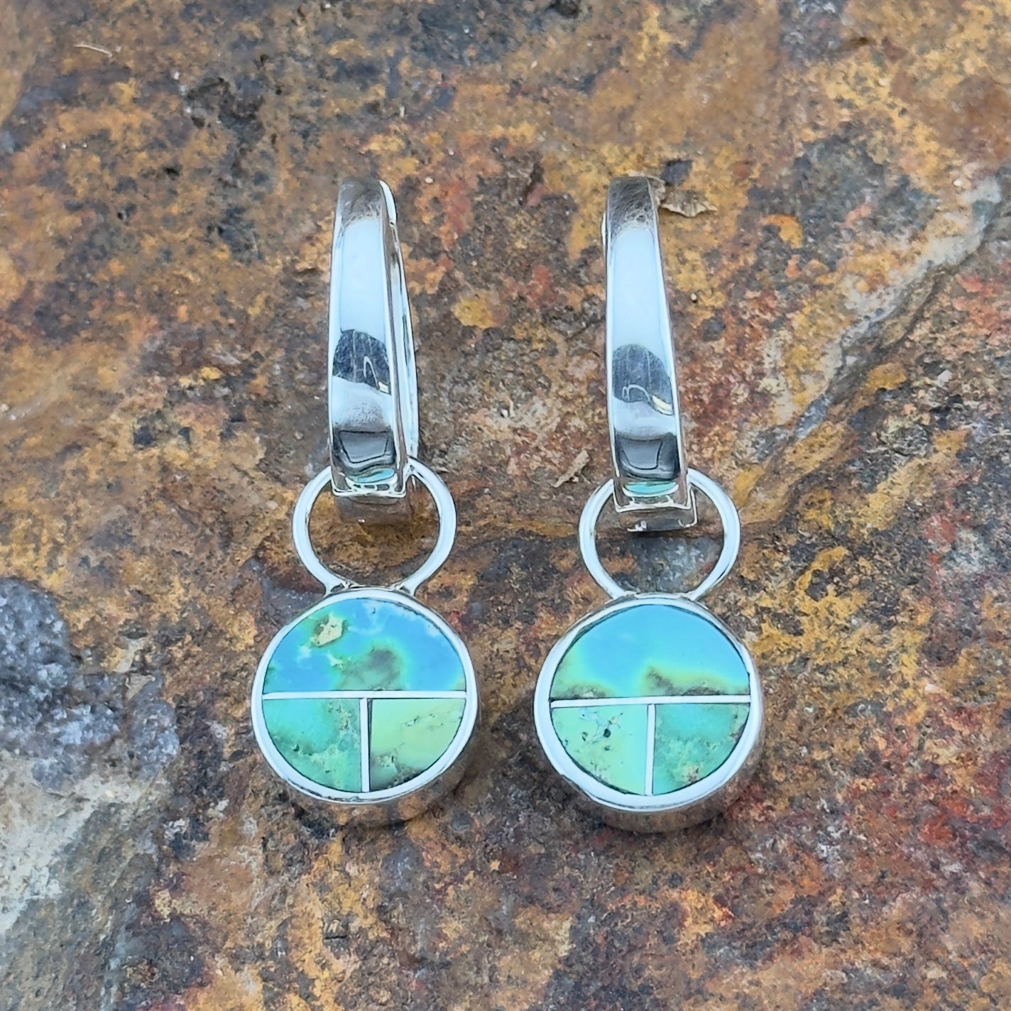 David Rosales Sonoran Gold Inlaid Sterling Silver Huggie Drop Earrings