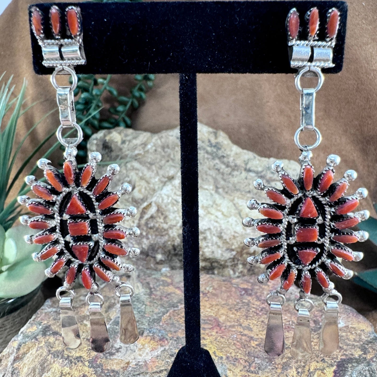 Zuni Red Coral Dangle Earrings by Evonne Hustito