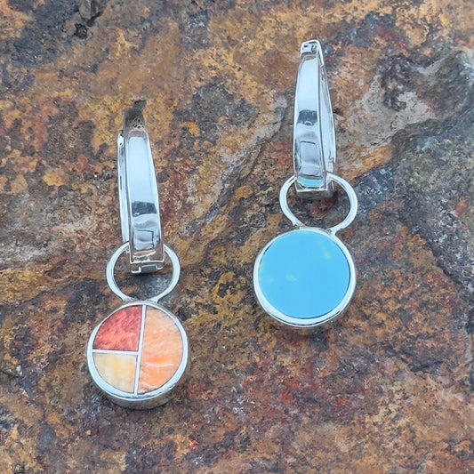 David Rosales Desert Fire & Arizona Blue Inlaid Sterling Silver Huggie Drop Earrings