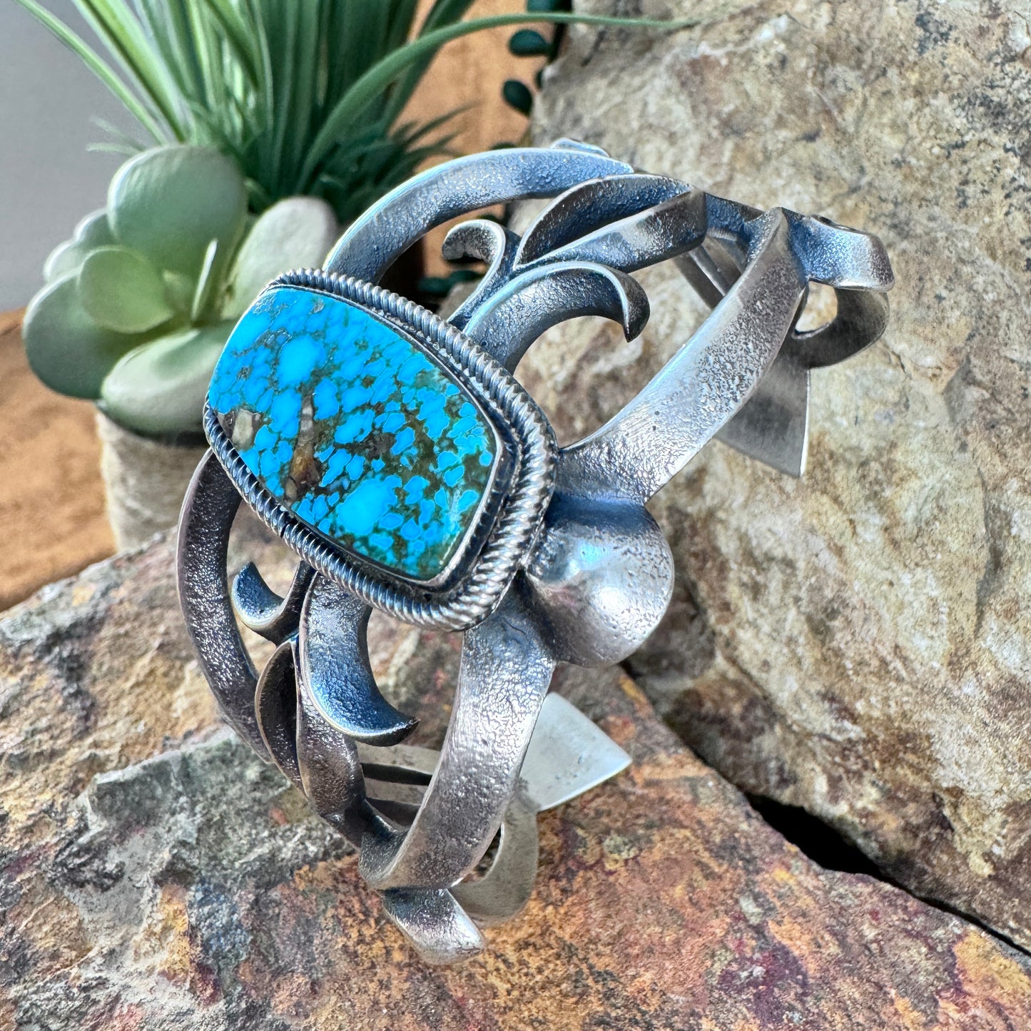 Sterling Silver Openwork Cuff Bracelet with Royston Turquoise by Aaron A