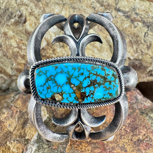 Sterling Silver Openwork Cuff Bracelet with Royston Turquoise by Aaron A