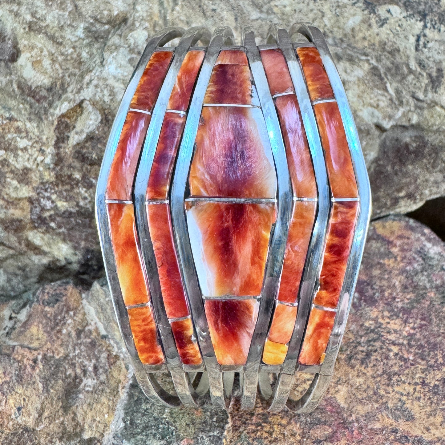 Spiny Oyster Shell and Sterling Silver Multi-Bar Cuff Bracelet