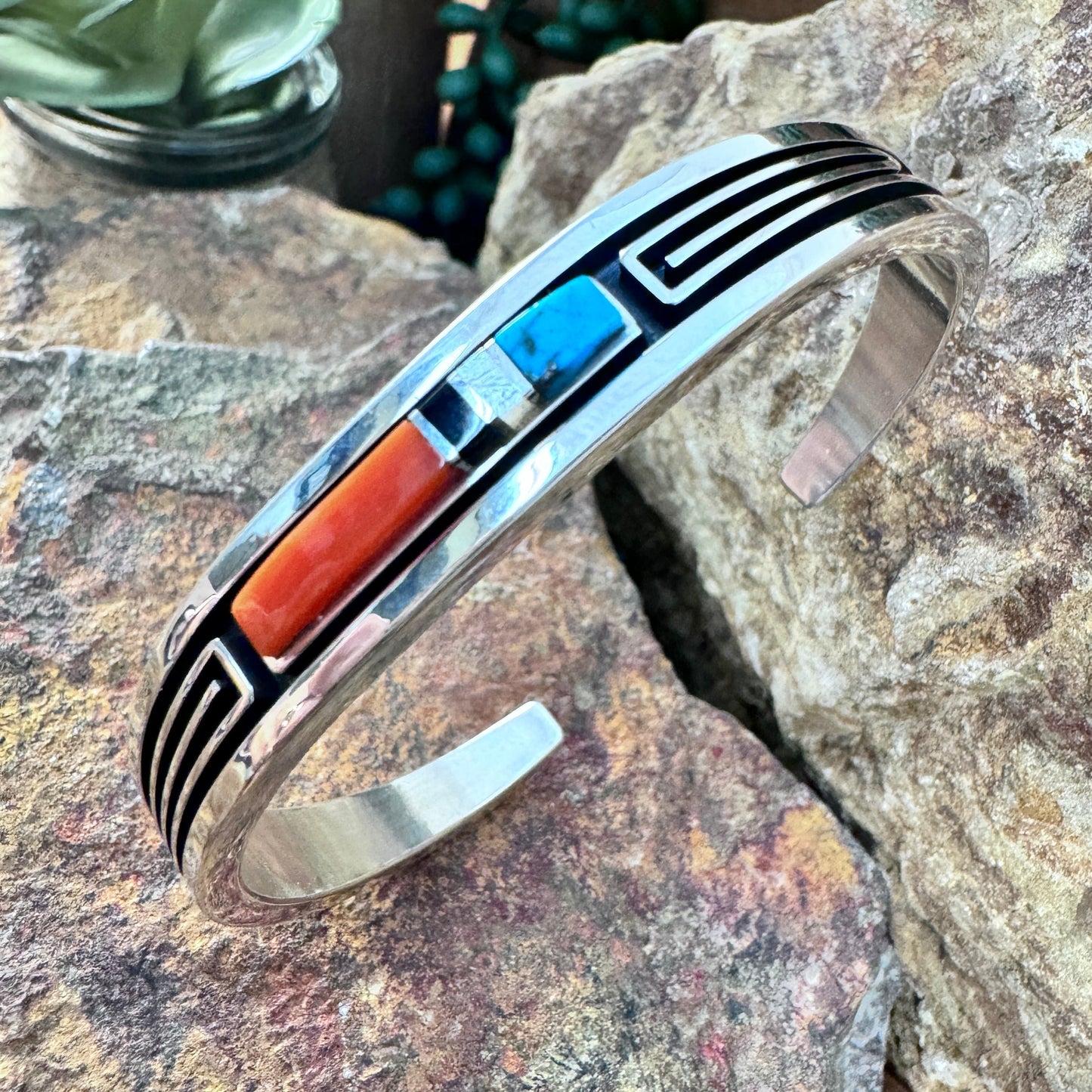 Sterling Silver Multi-Stone Inlay Cuff Bracelet by Albert Nells