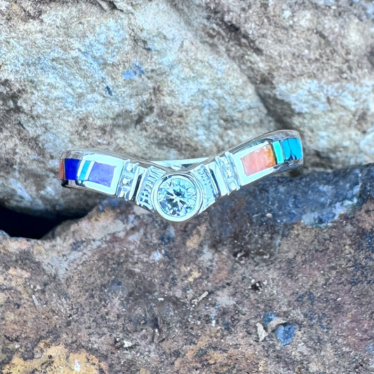 David Rosales Indian Summer Inlaid Sterling Silver Ring w/ Cubic Zirconia