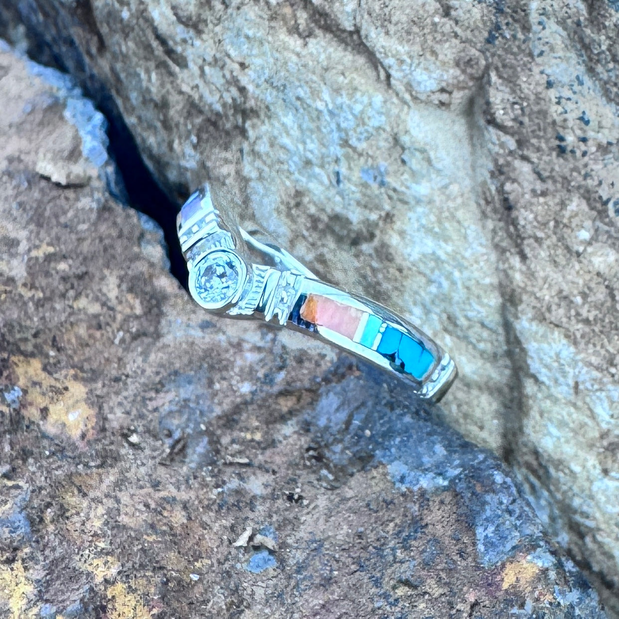 David Rosales Indian Summer Inlaid Sterling Silver Ring w/ Cubic Zirconia