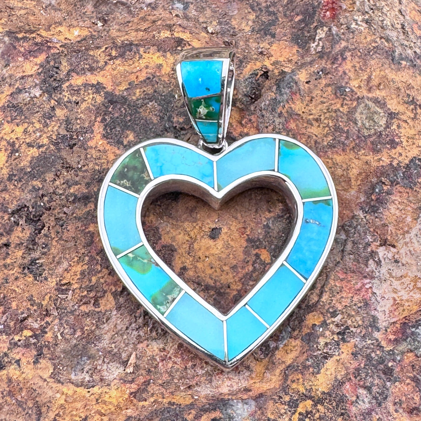 David Rosales Sonoran Gold Turquoise Inlaid Sterling Silver Pendant Heart