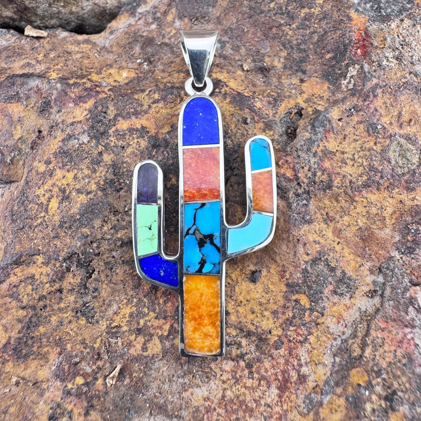 David Rosales Indian Summer Inlaid Sterling Silver Pendant Cactus