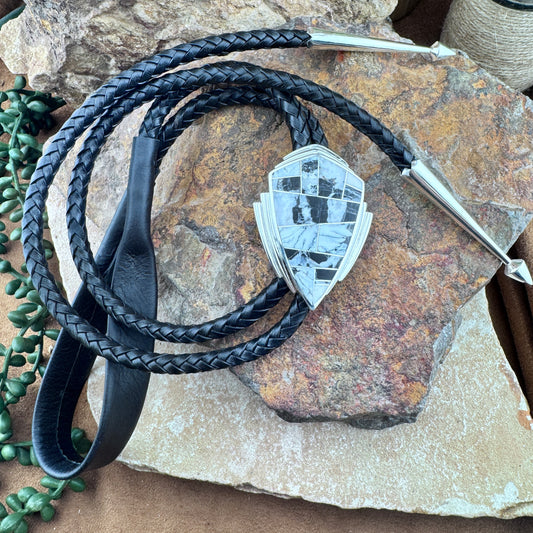 David Rosales White Buffalo Inlaid Sterling Silver Bolo Tie
