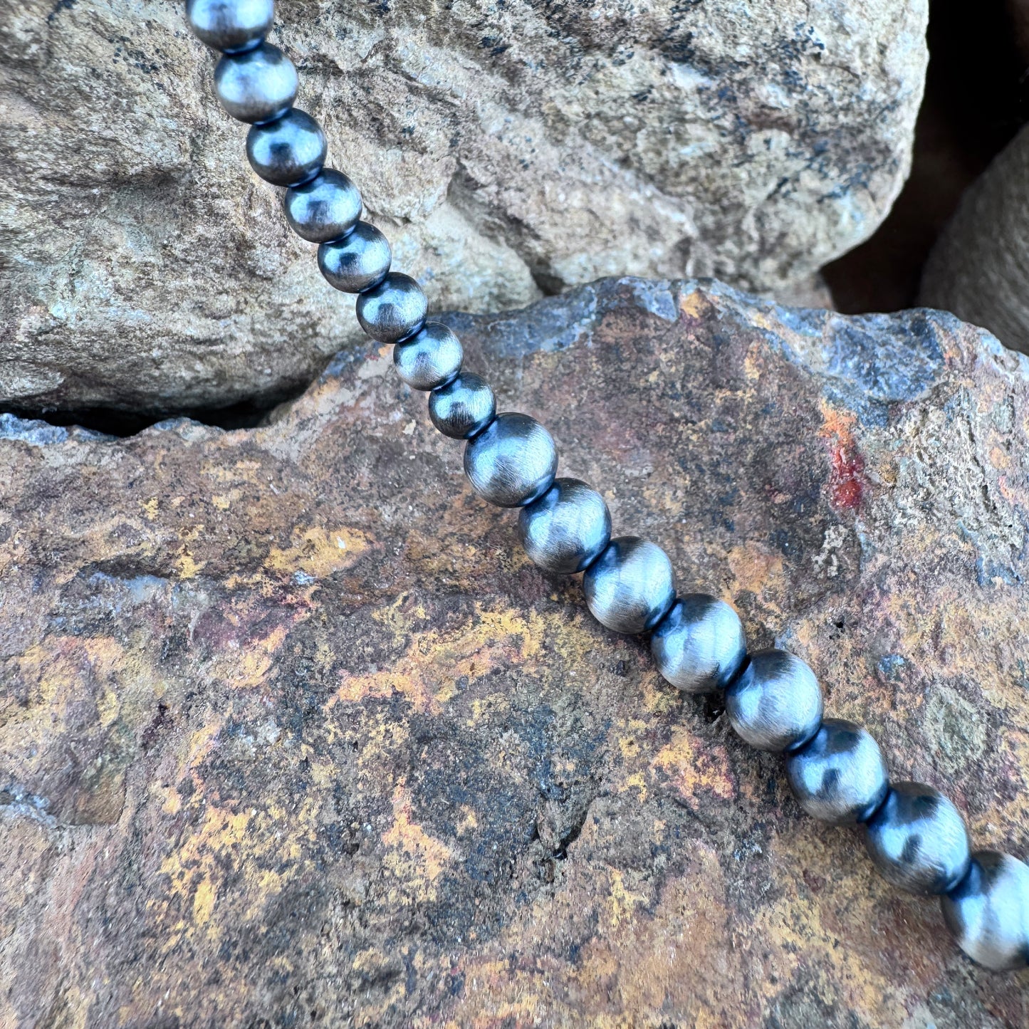 Leonard Nez 22" Oxidized Sterling Silver Navajo Pearl Bead Necklace