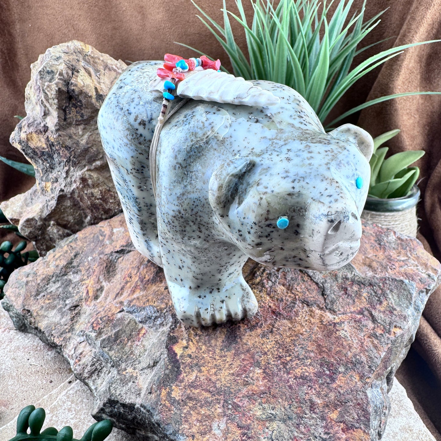 Hand Carved Zuni Fetish Large Bear with Arrow, Red Coral and Turquoise by Darrel Westika