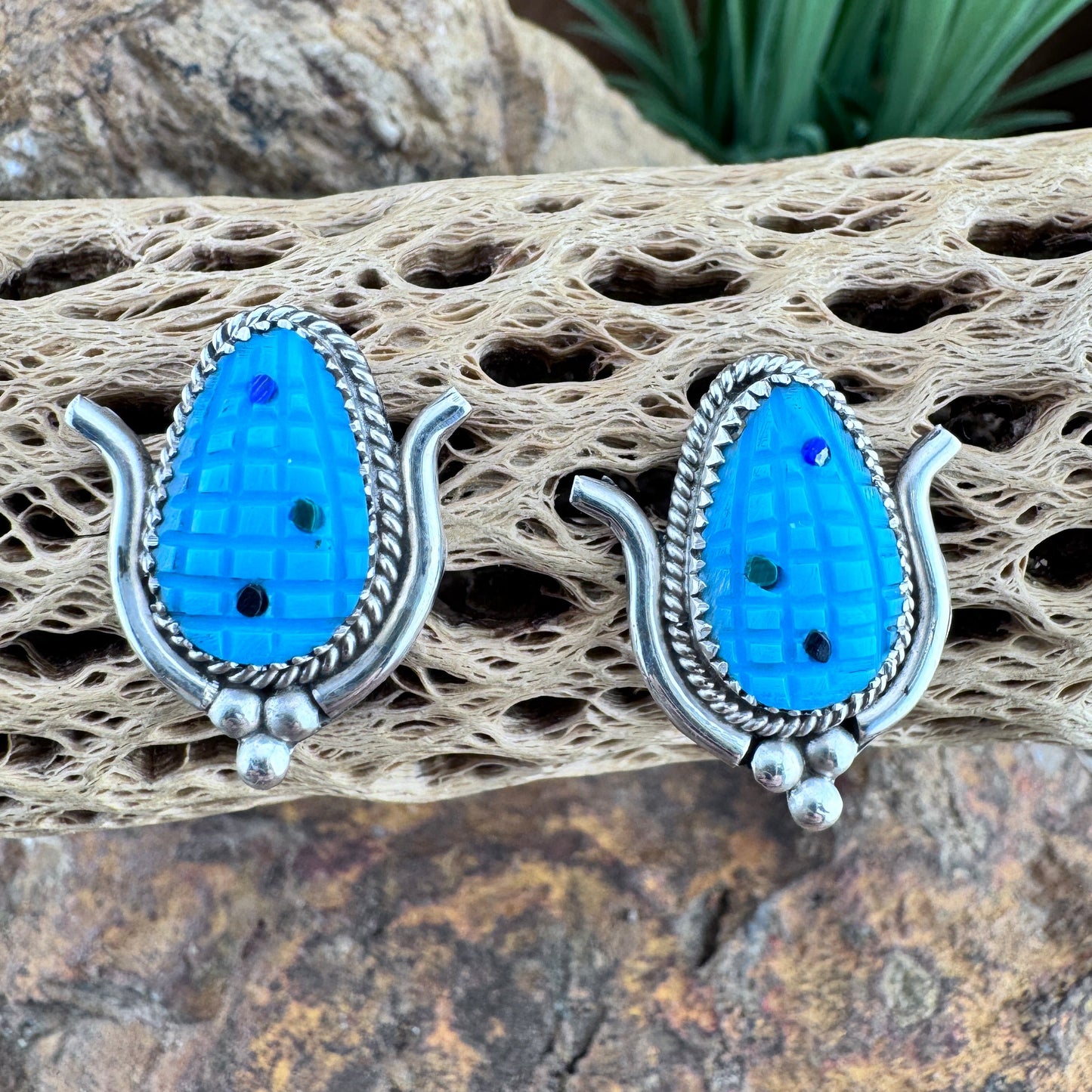 Corn Design Earrings – Kingman Turquoise with Lapis Lazuli Inlay by Tracy Bowe