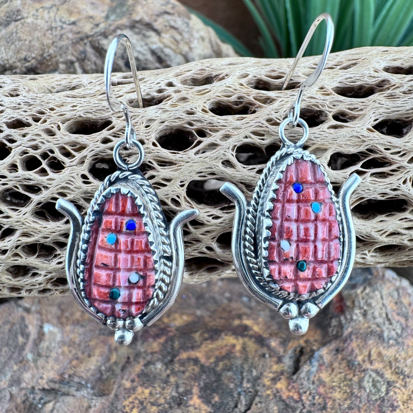 Corn Design Earrings – Spiny Oyster Shell with Multistone Inlay by Kane & Beverly Etsate