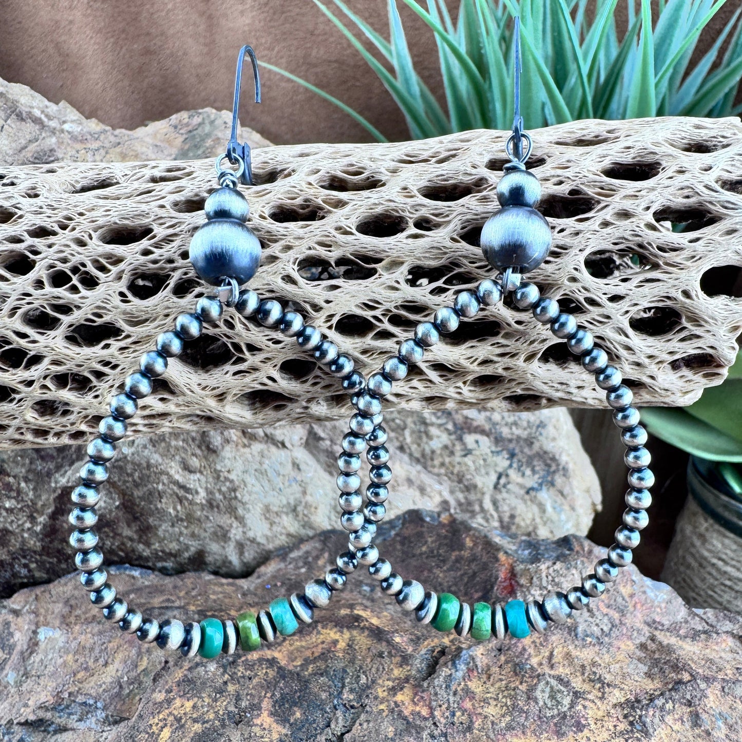 Sonoran Gold Turquoise & Navajo Pearl Sterling Silver Hoop Earrings by Ester Reano