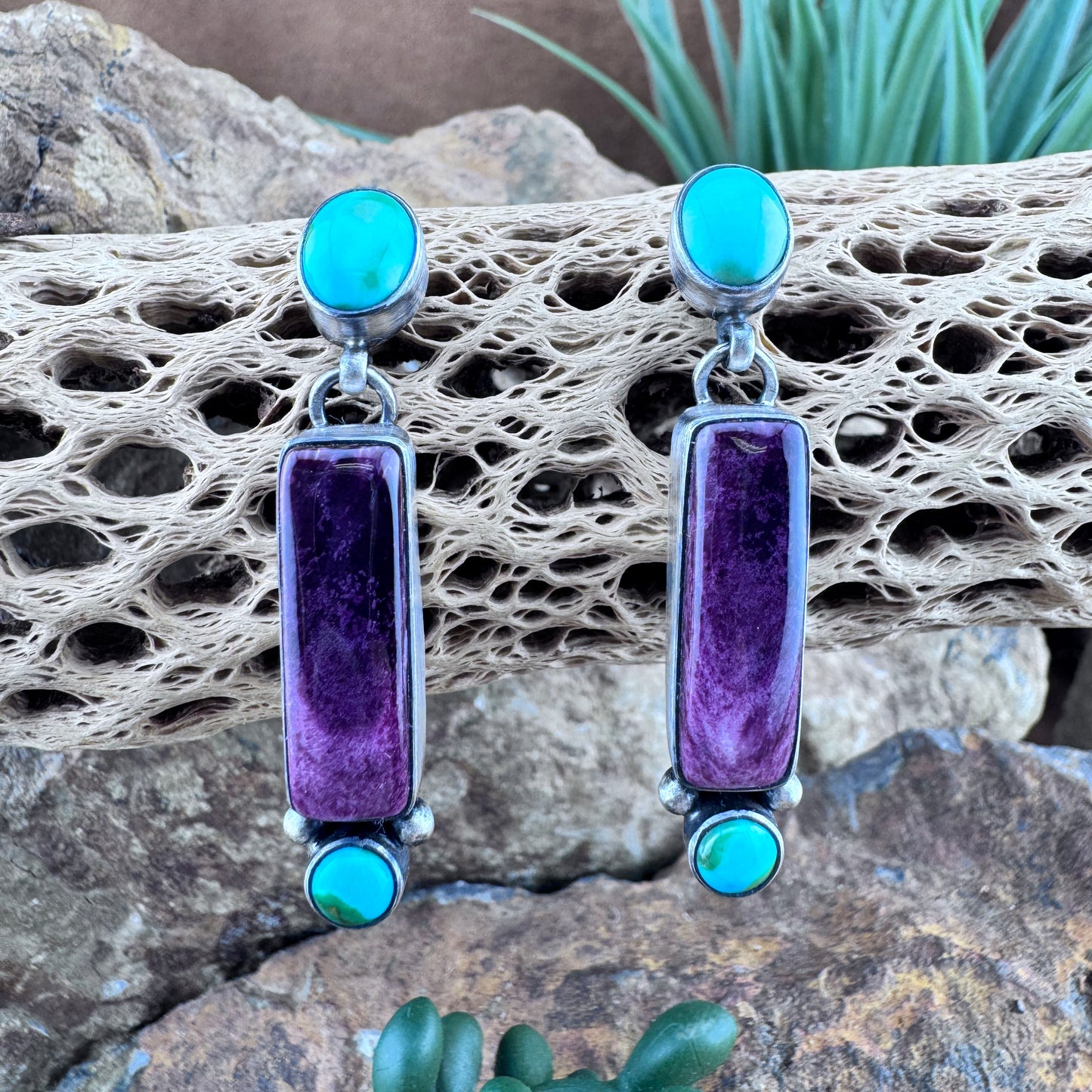 Purple Spiny Oyster and Sonoran Gold Turquoise Sterling Sliver Drop Earrings by Louise Joe