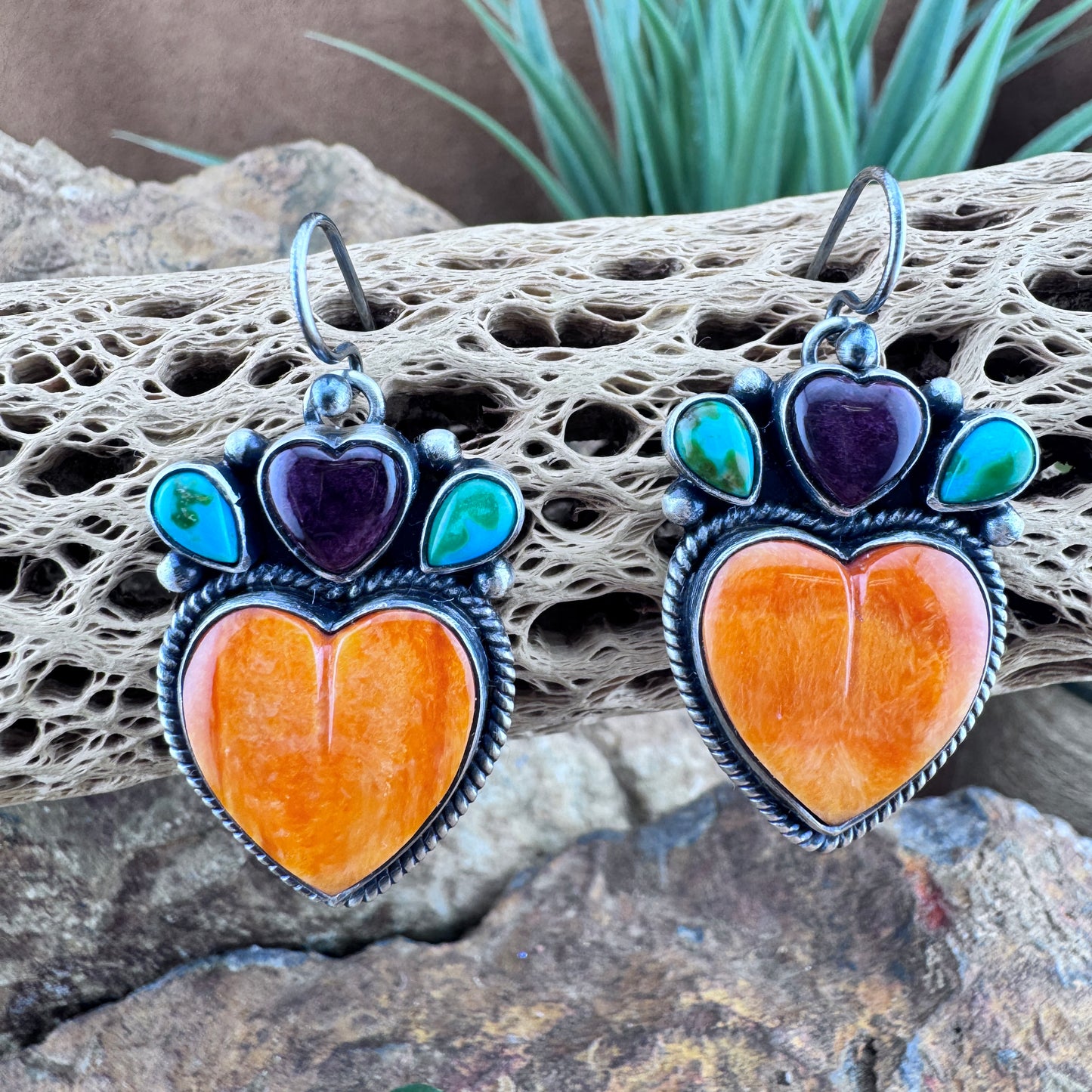 Sonoran Gold Turquoise & Heart Shaped Spiny Oyster Shell Sterling Silver Earrings Dangle by Angela Martin