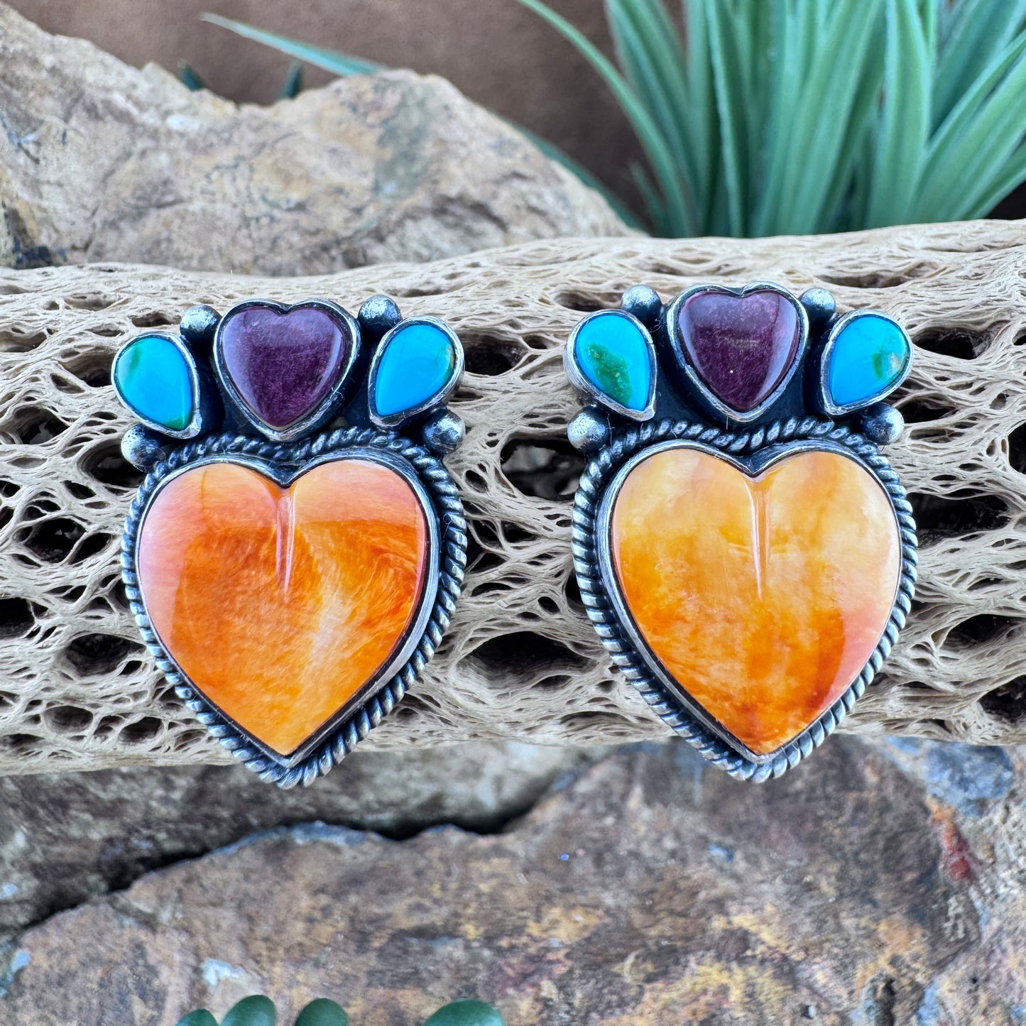 Sonoran Gold Turquoise & Heart Shaped Spiny Oyster Shell Sterling Silver Post Earrings by Angela Martin
