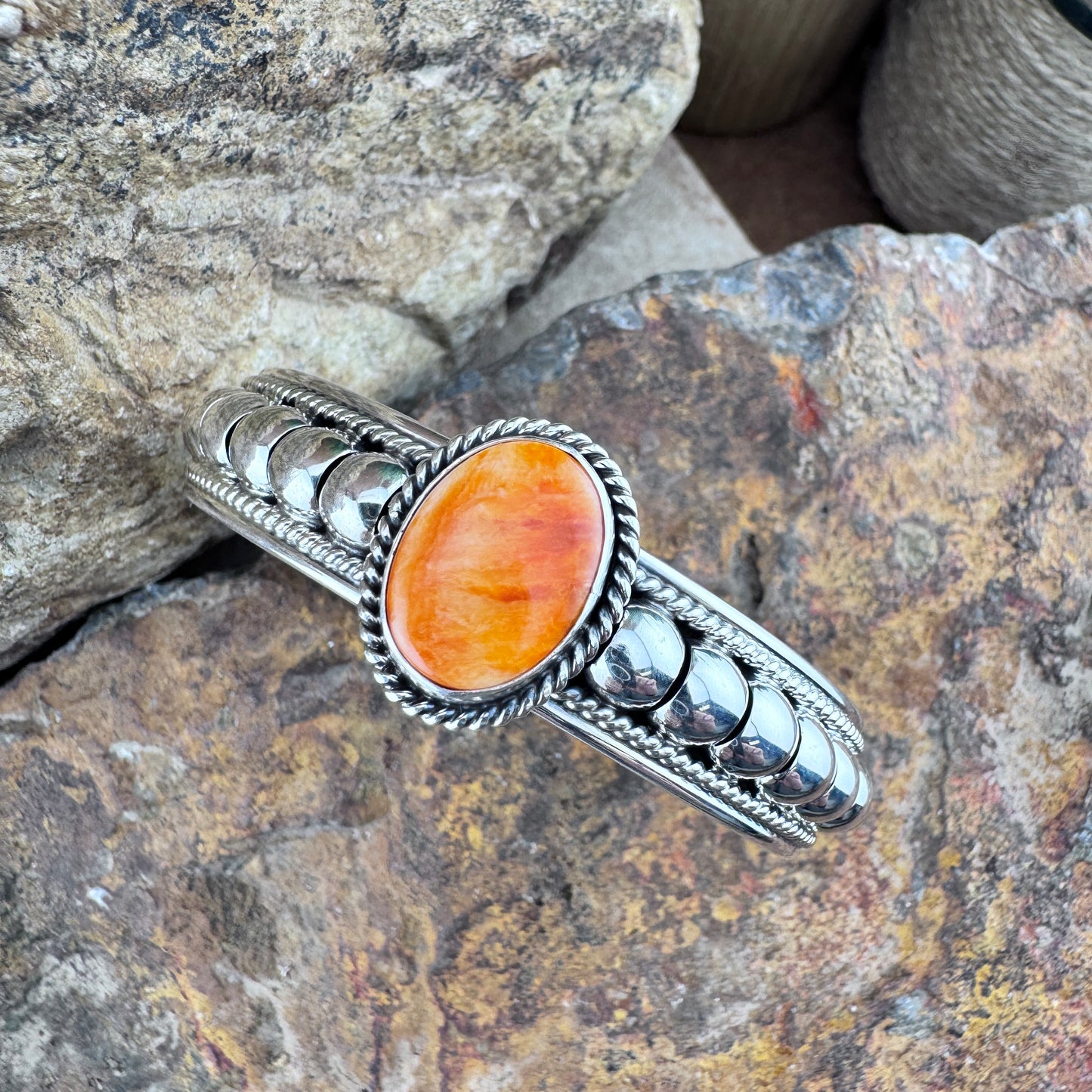 Orange Spiny Oyster Sterling Silver Cuff Bracelet by Tom Charlie