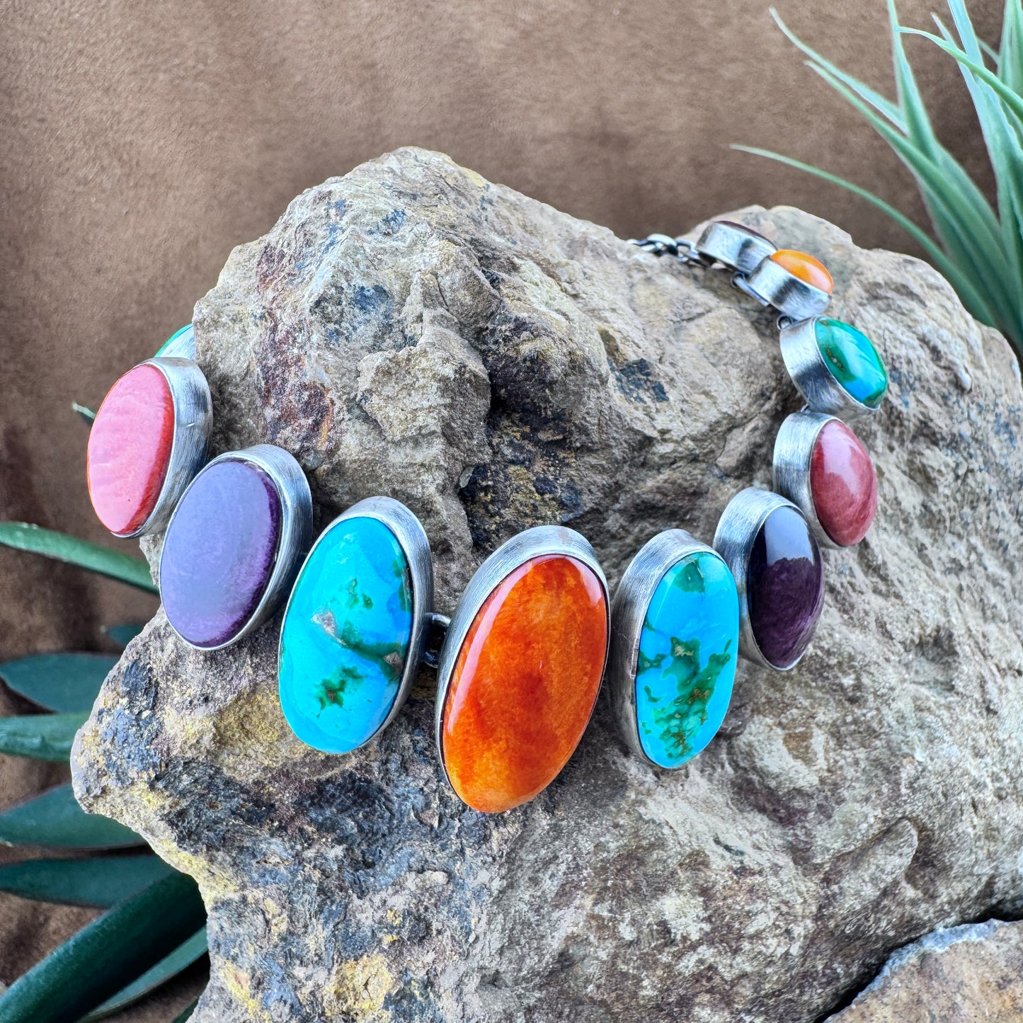 Multi-Stone Sterling Silver Link Bracelet by Loretta Delgarito