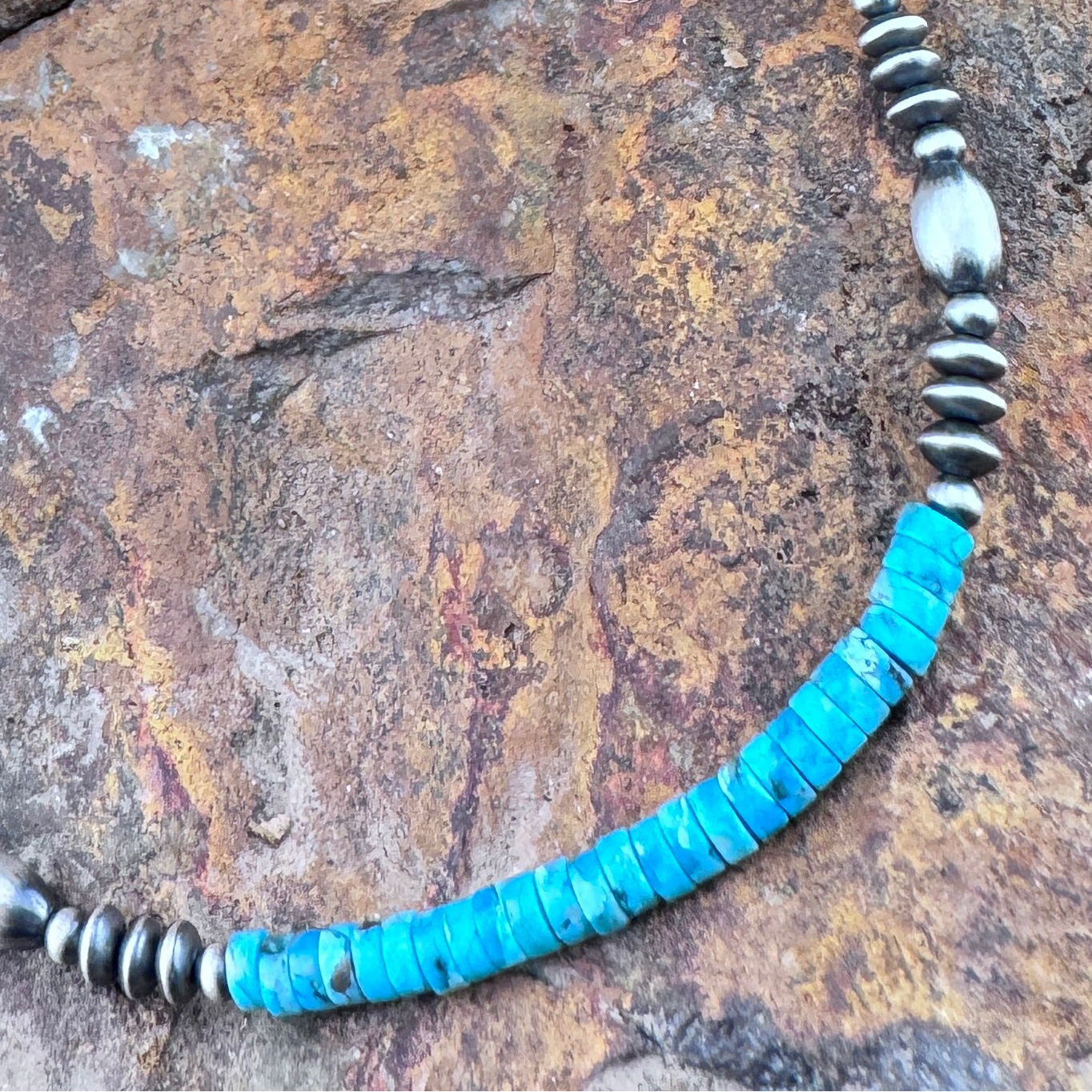 16" Navajo Turquoise and Silver Heishi Bead Necklace