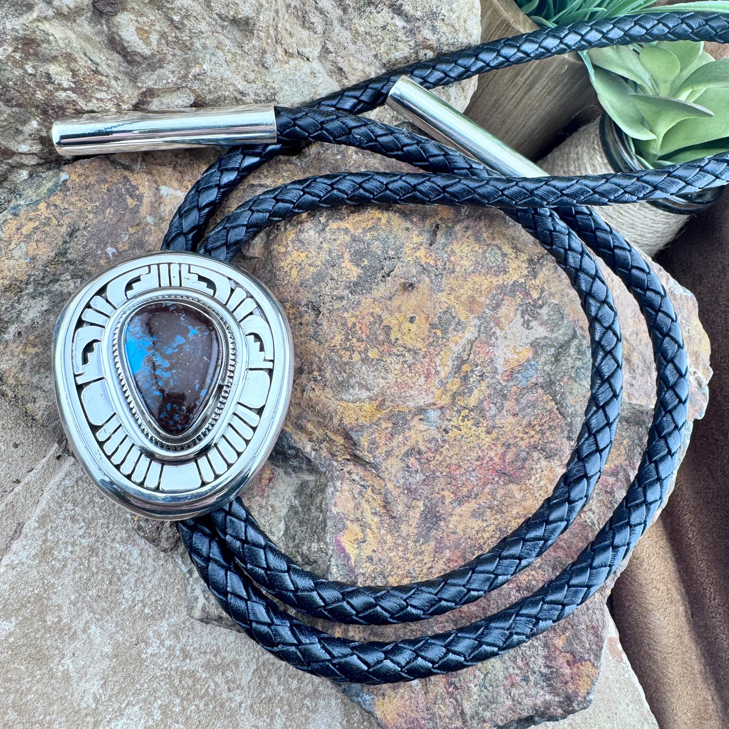 Bisbee Turquoise Sterling Silver Leather Bolo Tie by Leonard Nez
