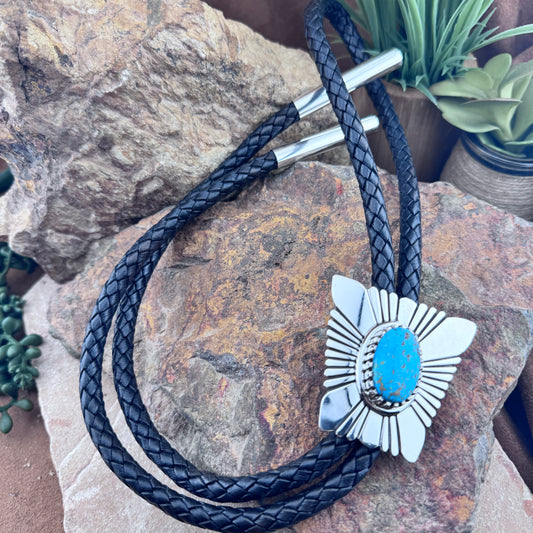 Kingman Turquoise Sterling Silver Leather Bolo Tie by Leonard Nez