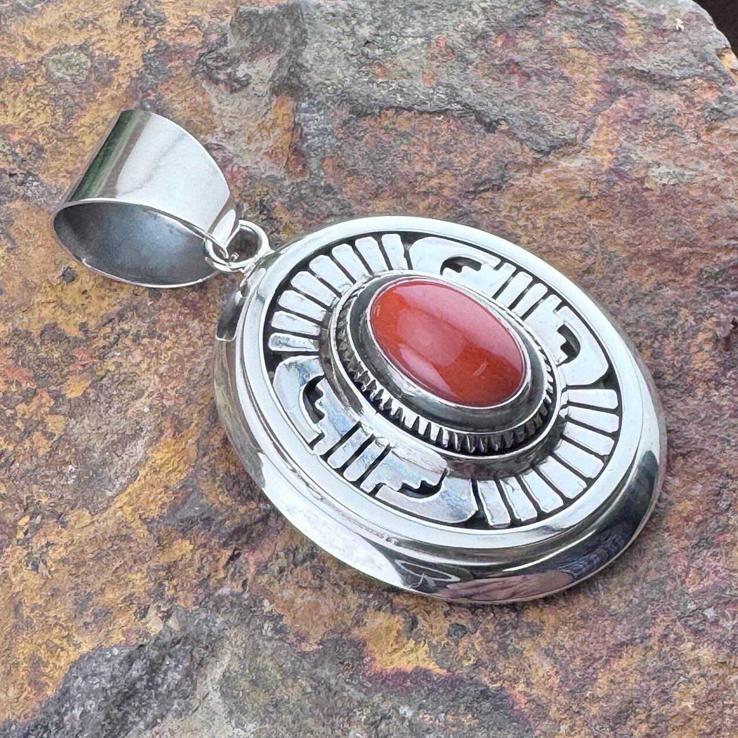 Mediterranean Red Coral Sterling Silver Pendant by Leonard Nez