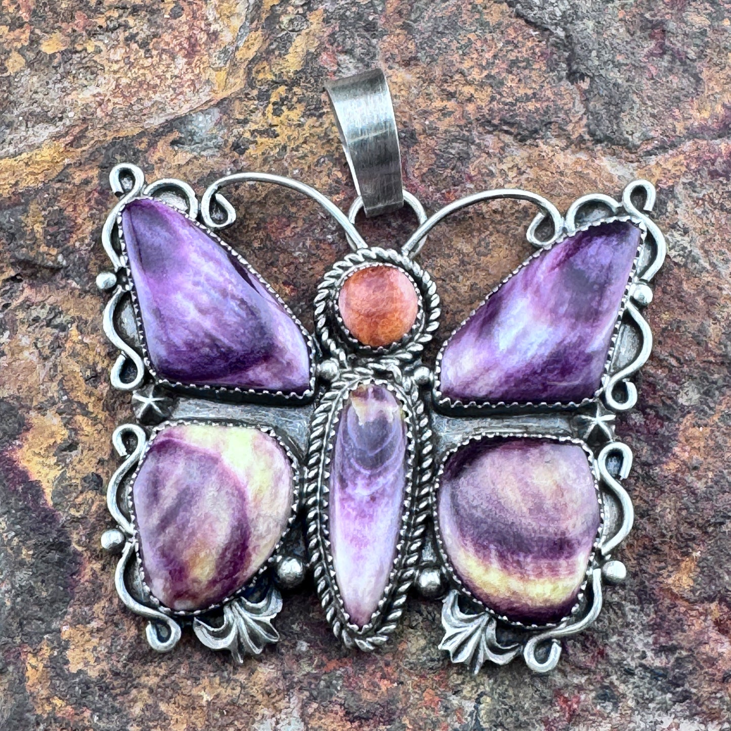 Butterfly Pendant with Purple and Orange Spiny Oyster by Mary Tso