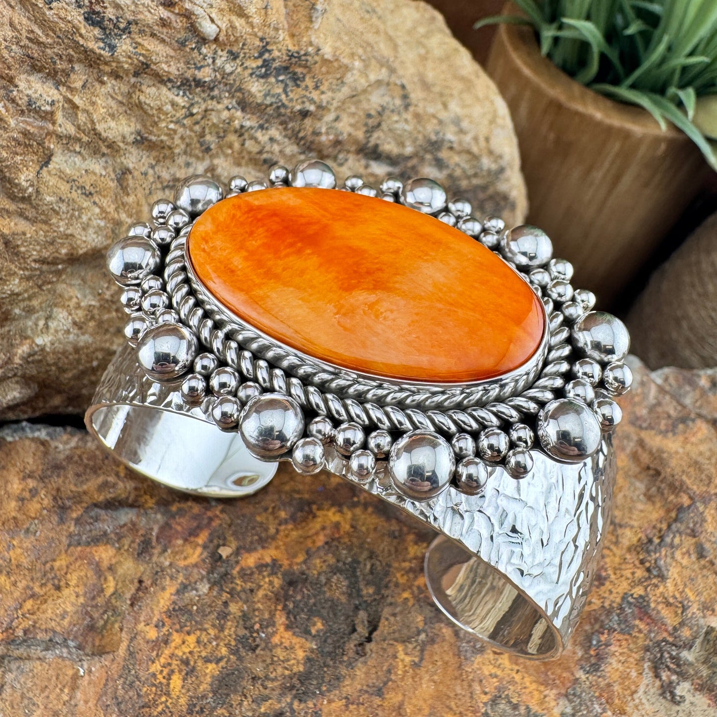 Orange Spiny Oyster Sterling Silver Bracelet by Artie Yellowhorse