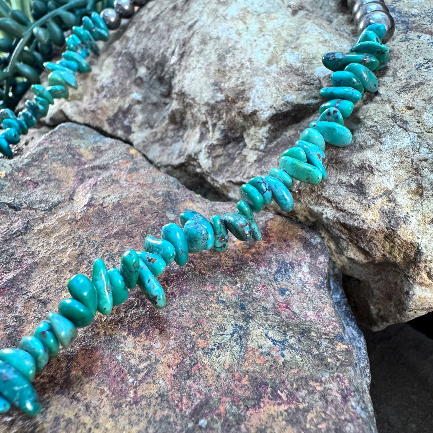 23" Carico Lake Turquoise Nugget & Sterling Silver Bead Necklace by Mary Tso